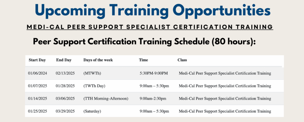 Jan 2; Open House 1-2PM - link to sign up Upcoming Peer Support Trainings Jan 6 – Feb 13 MTWTh 5:30PM – 9:00PM (8 weeks) Jan 7 – Jan 28 TWTh 9:00AM – 5:30PM (3.5 weeks) Jan 14 – Mar 6 TTh 9:00AM – 2:30PM (10 weeks) Jan 25 – Mar 29 Sa 9:00AM – 5:30PM (10 weeks) Jan 31 - Art Show (Suzie to provide additional detail)