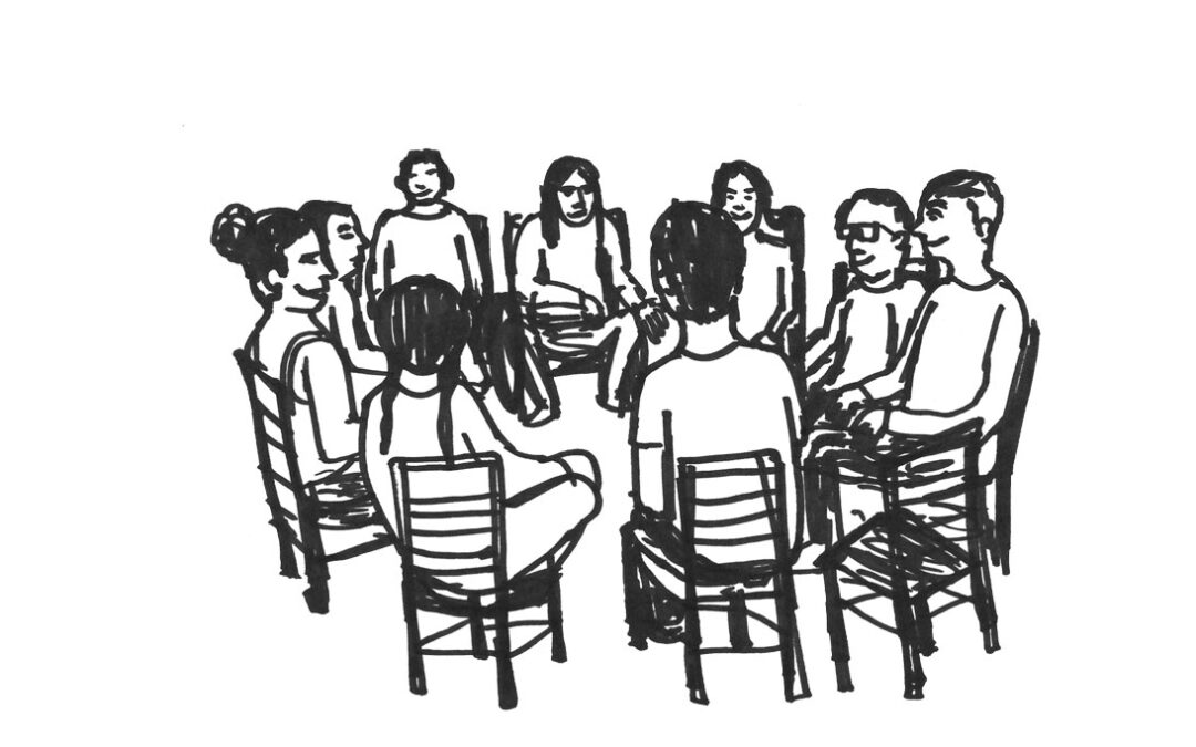 Black and White Drawing of Community Meeting at the Painted Brain