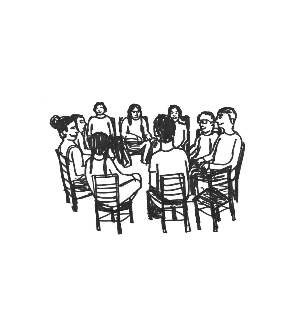Black and White Drawing of Community Meeting at the Painted Brain