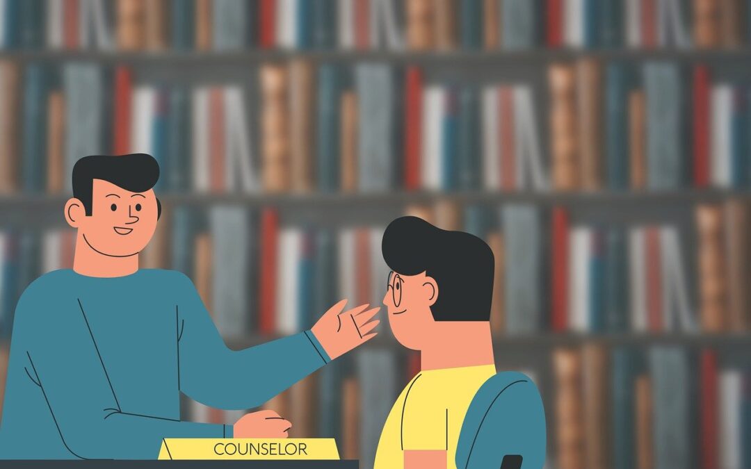 Illustration of na counselor seeing a client in a room with books in the background