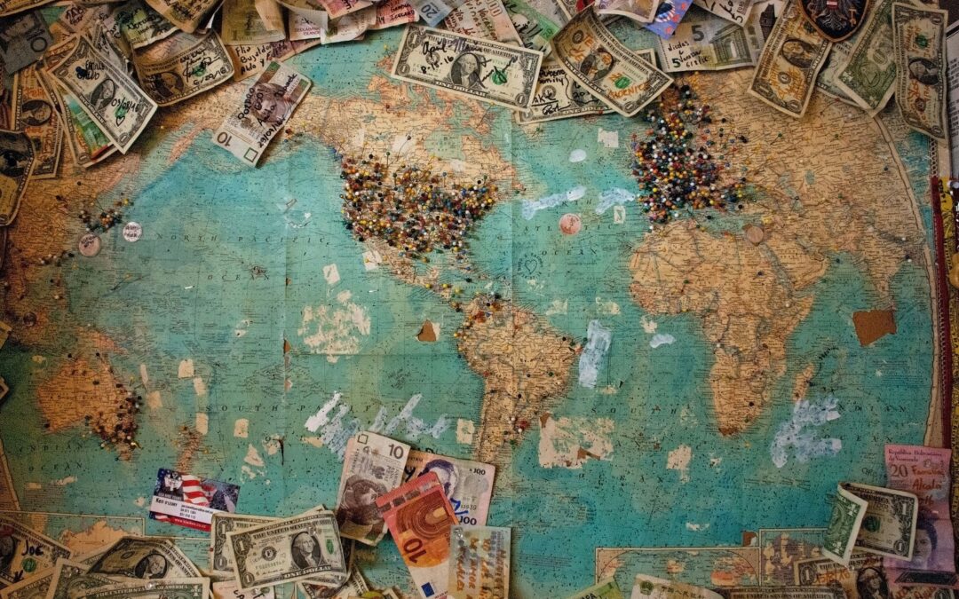 a map of world travel with dollar bills