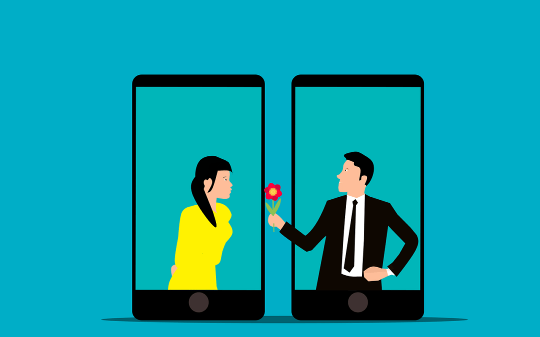 Dating Apps two celphones showing a man giving a flower to a woman between them. Graphic designed.