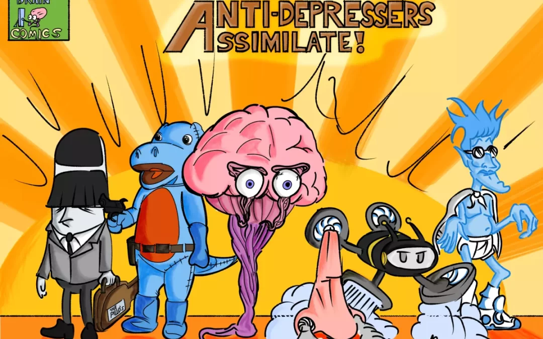 a drawing titled - Antidepressers Assemble by Larry Rozner
