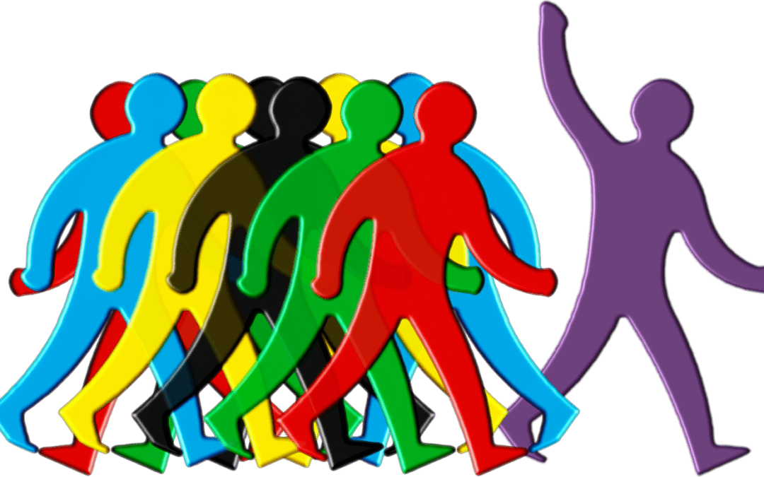 A graphic depicting 8 outlines of people with different colors. one is separate from the group and is purple.