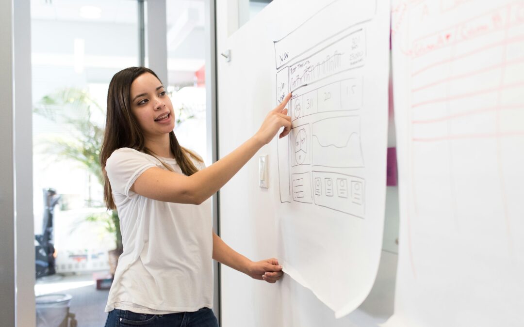 a woman standing next to a board