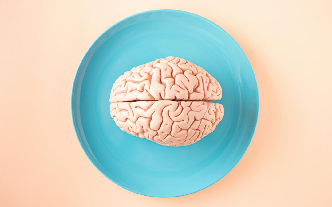 Brain on a blue plate in front of a light pink backdrop